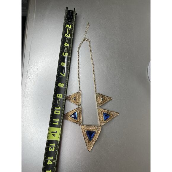 Retro 80s 90s Triangle Bib Statement Gold Tone & Blue Gem Necklace Vintage - Picture 4 of 4